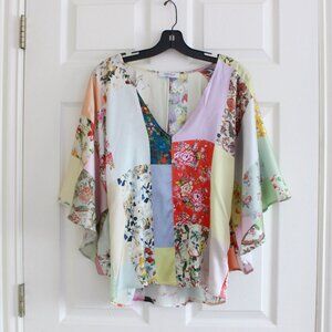 Unbreak.it Patchwork Flowers Print Silk Flare Sleeve Blouse